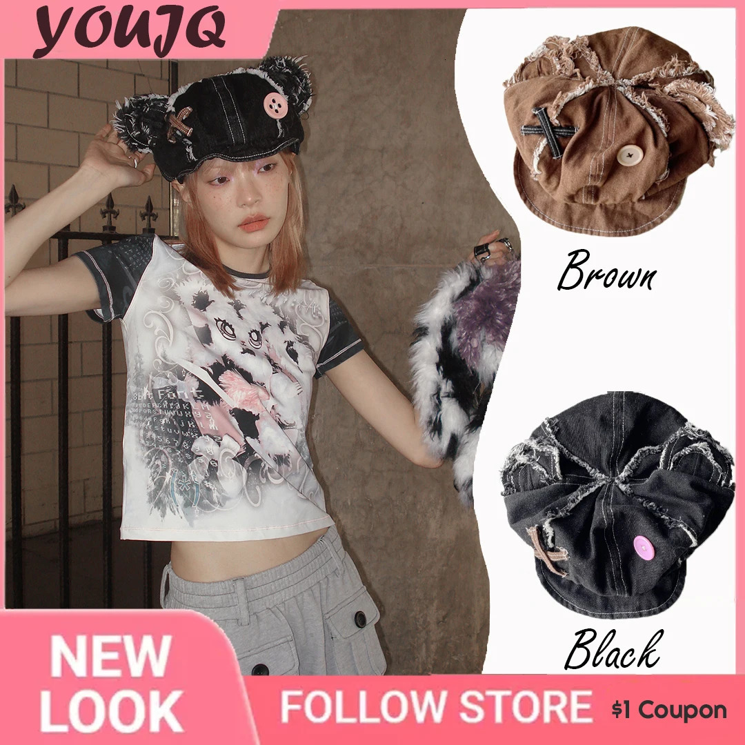 Berets Y2k Japanese Harajuku Cute Bear Ear Hats for Women Girls Vintage Washed Denim Beret Hats Boina Mujer Chic Streetwear Gorras 231018