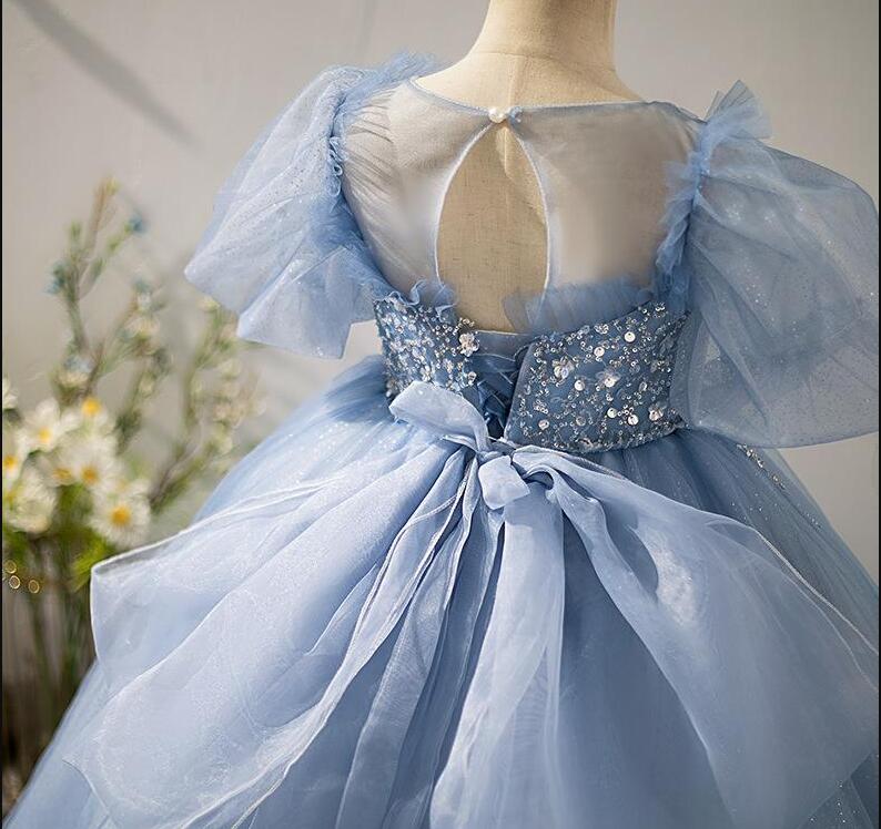 2023 Blue Sheer Neck Flower Girl Dresses Ball Gown Sequined Lace Tulle Vintage Little Girl Peageant Dress Gowns ZJ416