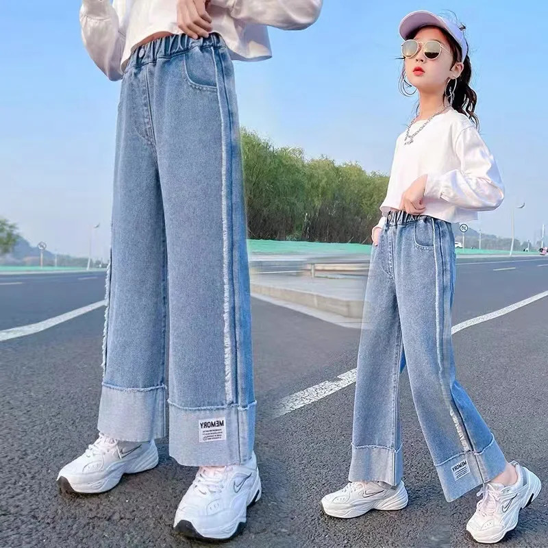 Jeans Autumn Girls Jeans For Girl Teenage Elastic High Waist Denim Wide Leg Pants Kids Straight Trousers Children Ripped Jeans 231019
