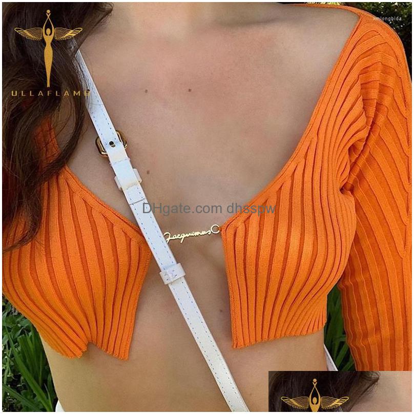 Womens T Shirts Long Sleeve Cardigan Y2K Super Short Crop Top Women Orange High Street Low Cut V-Neck Tee-Shirt Open Waist Slim Dro