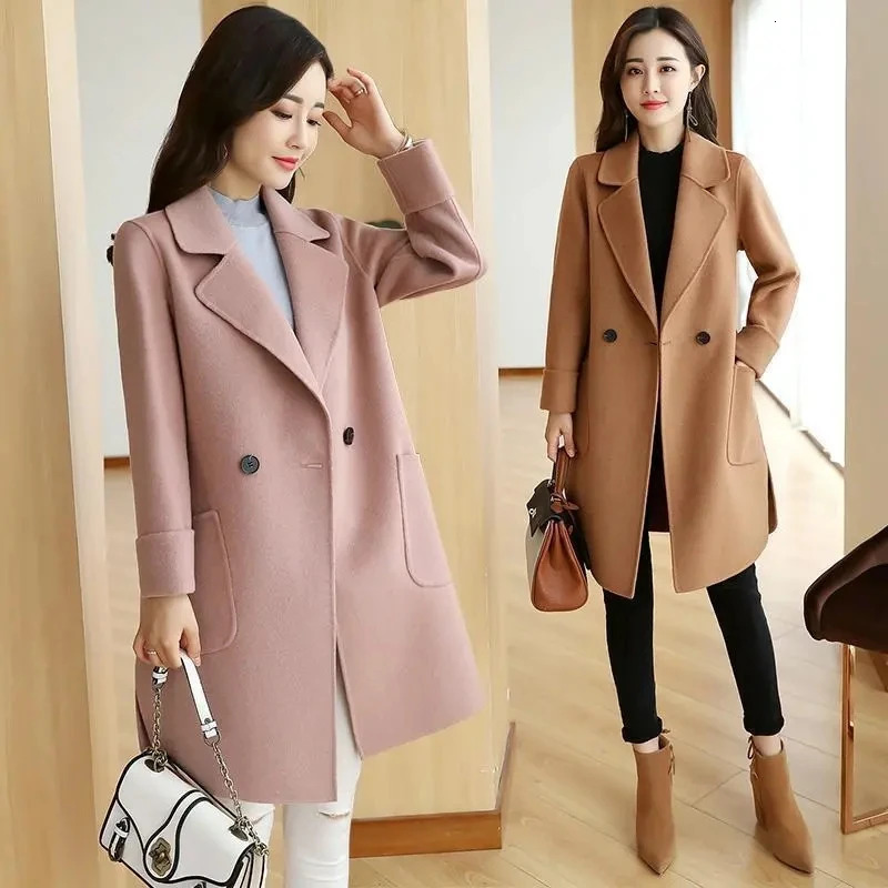 Womens Wool Blends Elegant Thick Warm Mid Length Woolen Coat Winter Loose Slim Onebutton Outerwear Solid Color Allmatch Streetwear Women 231019