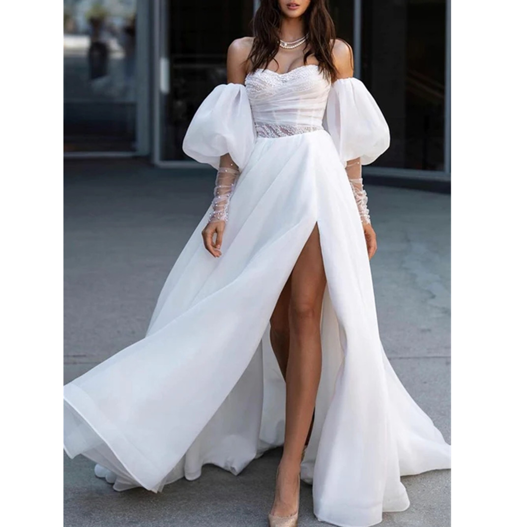 Boho Beading Wedding Dresses A-Line Split Sweetheart Bridal Gowns Vintage Bride Vestidos Dovias Boda Backless