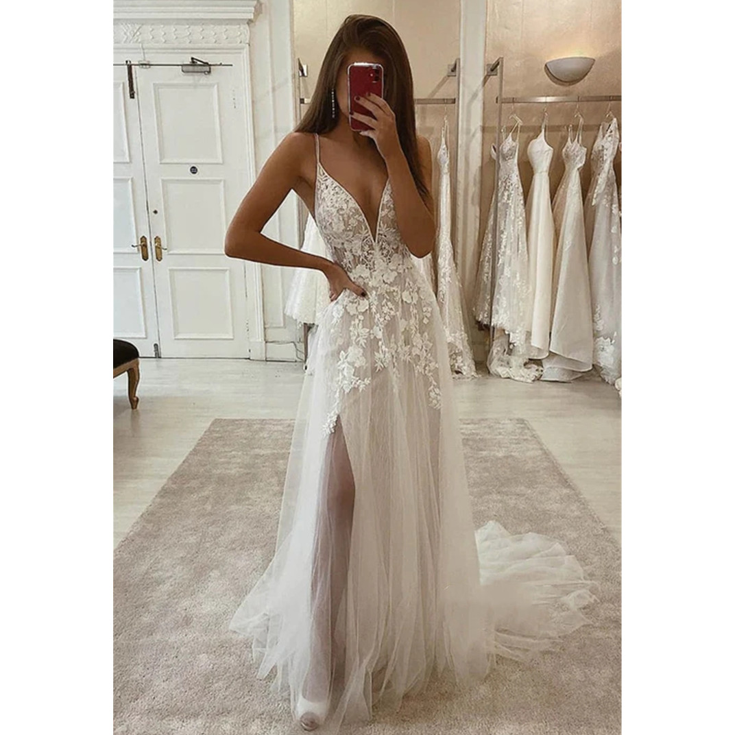 Sexy Boho V Neck Wedding Dresses Beach Sleeveless A-Line Bridal Gowns Tulle Lace Appliques Formal Women Brides Vestidos Custom Made