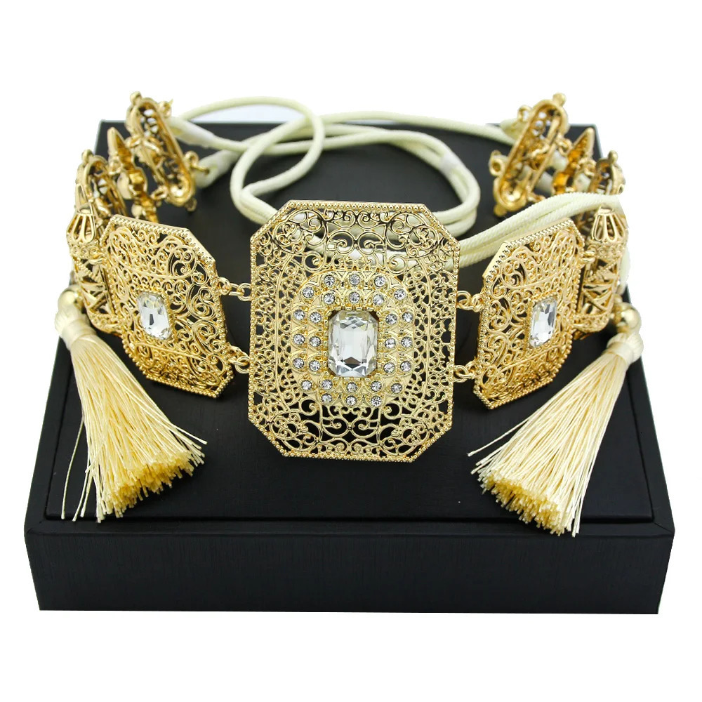 Other Fashion Accessories Sunspicems Morocco Hand Ropes Belt Gold Color Women Caftan Tassels Belt Hollow Arabesque Metal Waist Chain Bride Woven Jewel