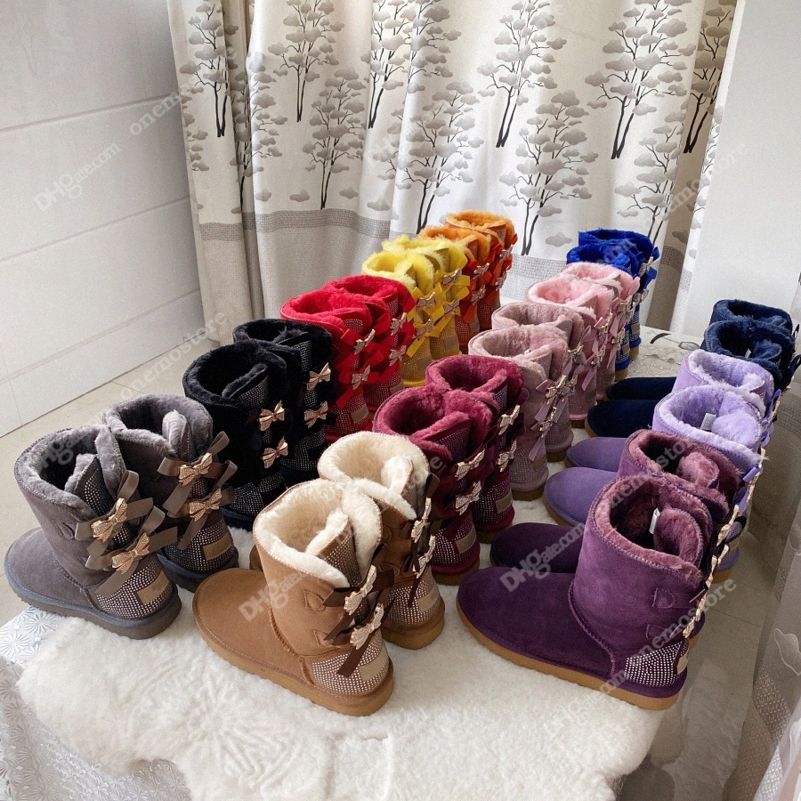 Designer Women ugh diamond drill Snow Boots Autumn Winter Warm Full Fur Fluffy Furry Half Ankle middle bailey bowknot Australia BootzCOw#