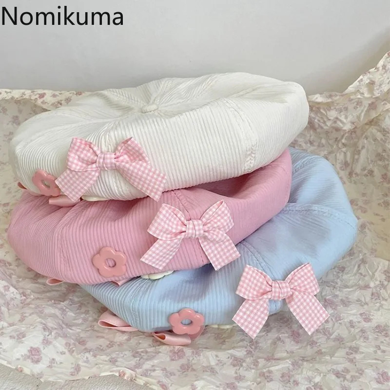 Berets Fashion Pink Girl Beret Japanese Cute Harajuku Y2K Sweet Bow Kawaii Women Hat Lolita Accessories Gorras Para Hombres 7L966 231018