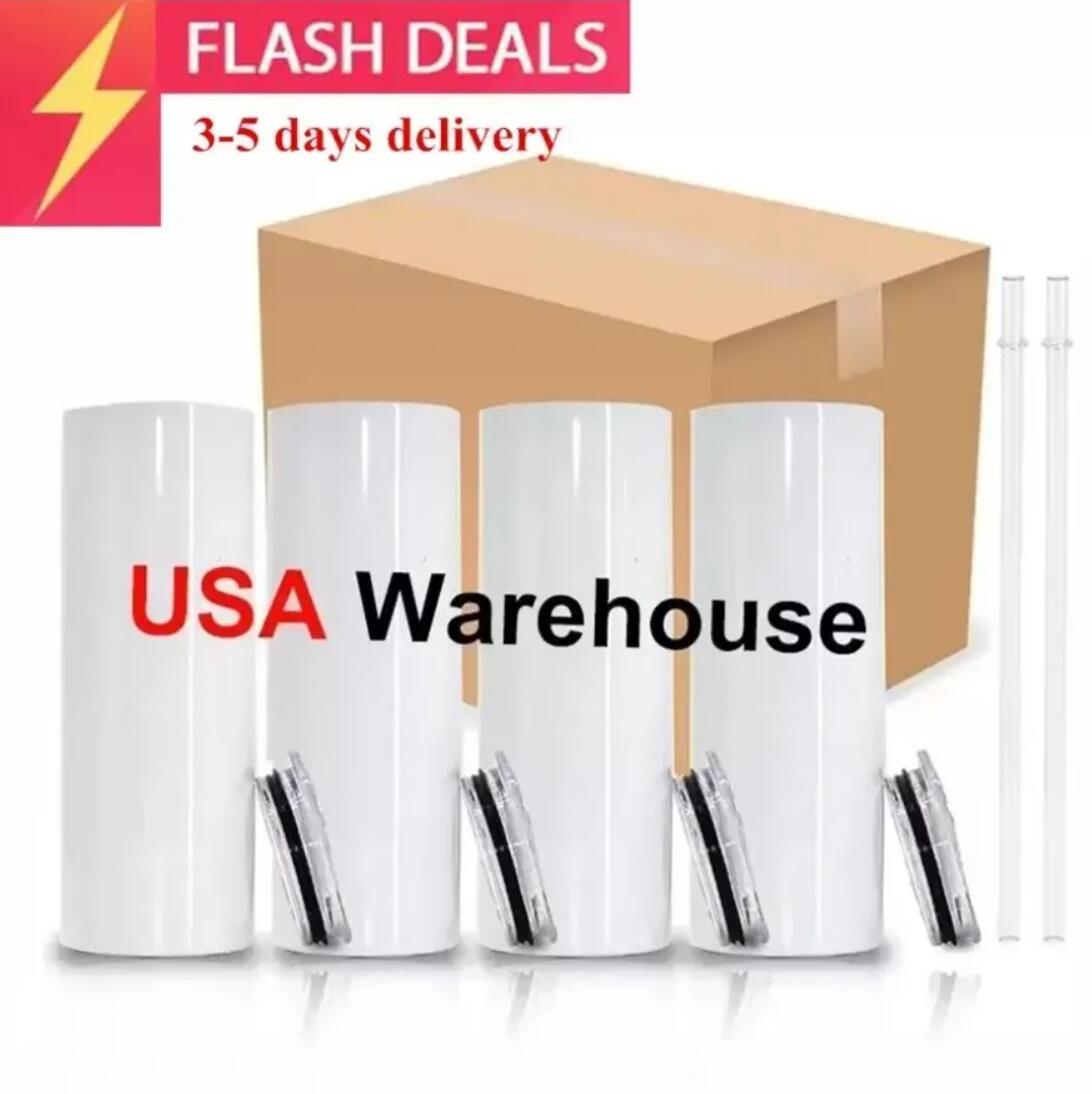 US CA Warehouse 50pcs/Carton 20oz Sublimation Tumblers Straight Blanks White 304 Stainless Steel Vacuum Insulated Slim DIY Cup Car Coffee Mugs Party G