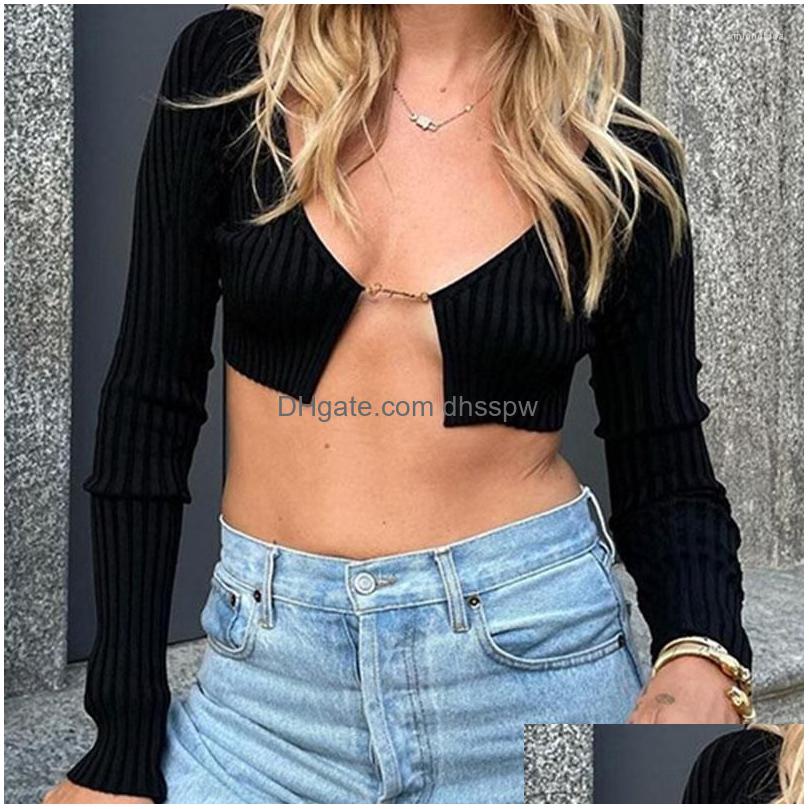 Womens T Shirts Long Sleeve Cardigan Y2K Super Short Crop Top Women Orange High Street Low Cut V-Neck Tee-Shirt Open Waist Slim Dro