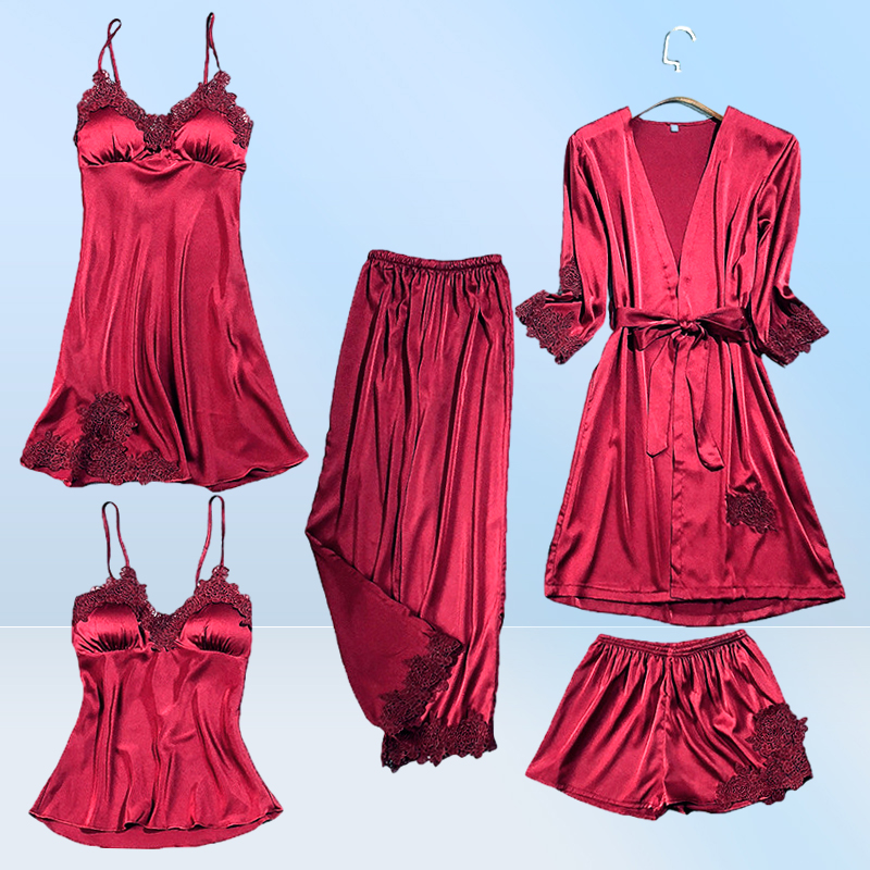 Satin Lace Pajamas Set Women 5PC Strap Top Pants Sleepwear Sleep Suit Spring Autumn Pyjamas Home Wear Nightwear Robe Gown MXXL2086570