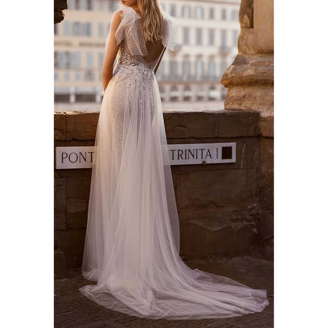 Boho Glitter Floral Weeding Dress Deep V-Neck Side Split A-Line Lace Appliques Bridal Gowns Beach Bridal Gowns