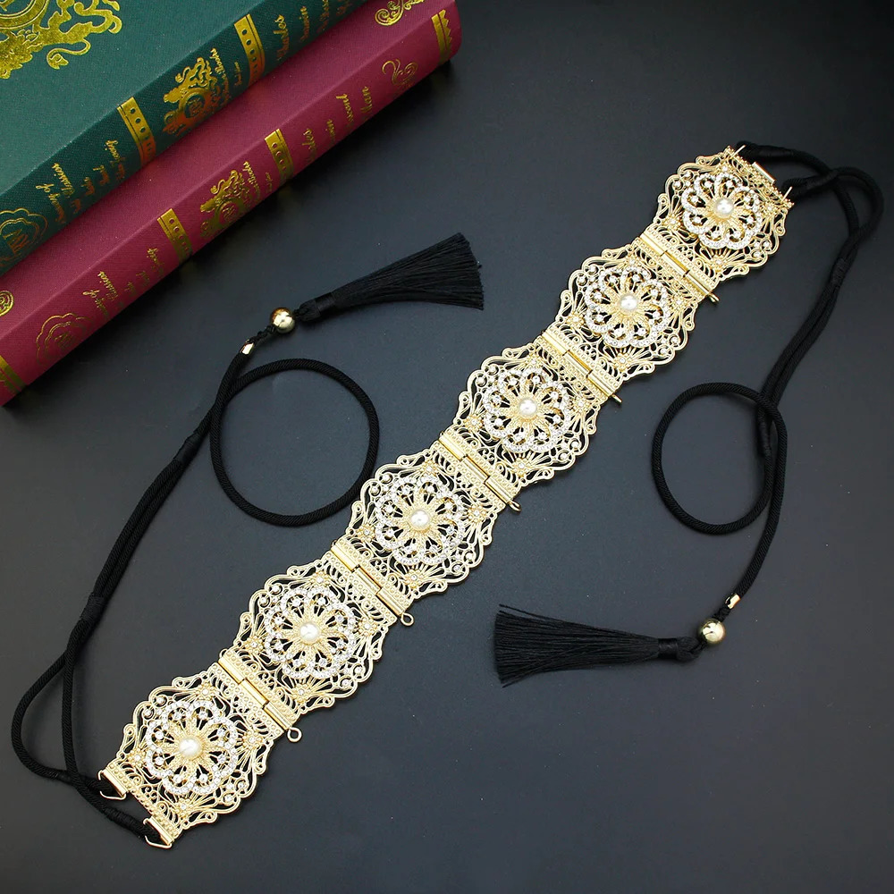 Other Fashion Accessories Neovisson Morocco High Quality Belt Elegent Gold Color Crystal Pearl Hand Rope Waist Chain Caftan Belt Arabic Bride Jewelry 