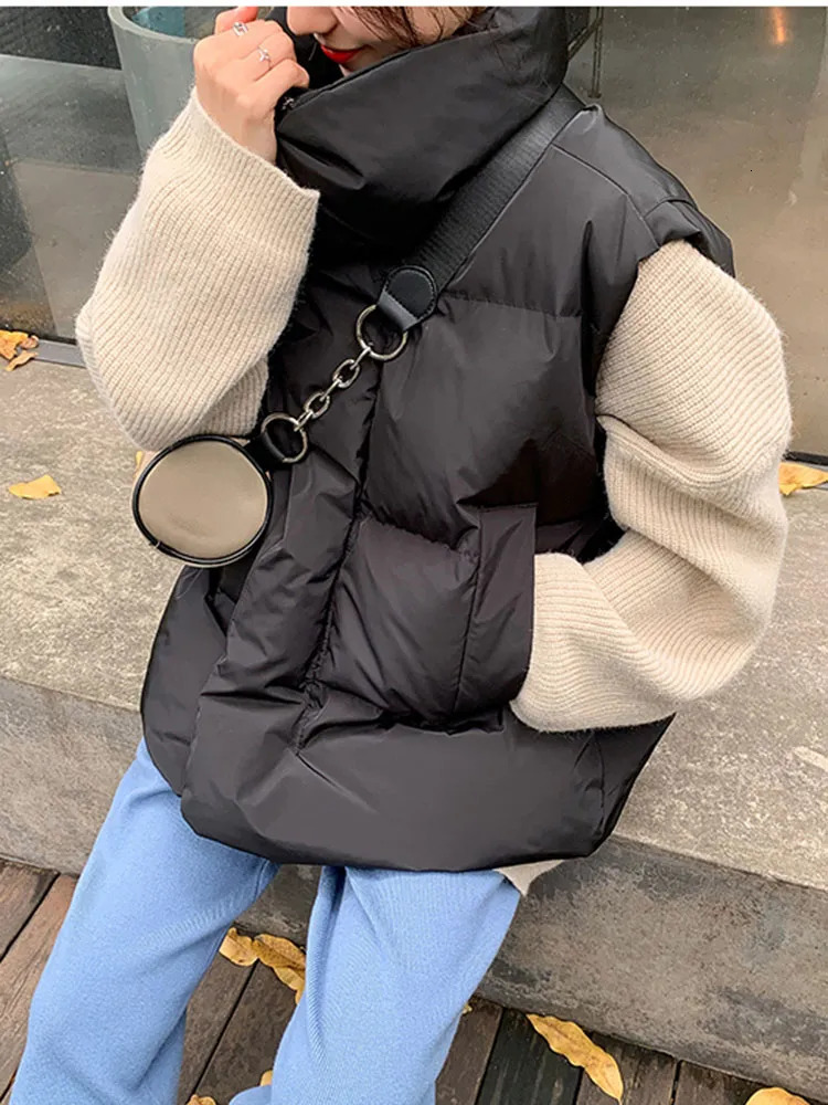 Women's Vests Jmprs Korean Chic Thick Puffy Vest Women Winter Warm Streetwear Parkas Jacket Simple Loose Zipper Casual Cotton Down Solid 231018