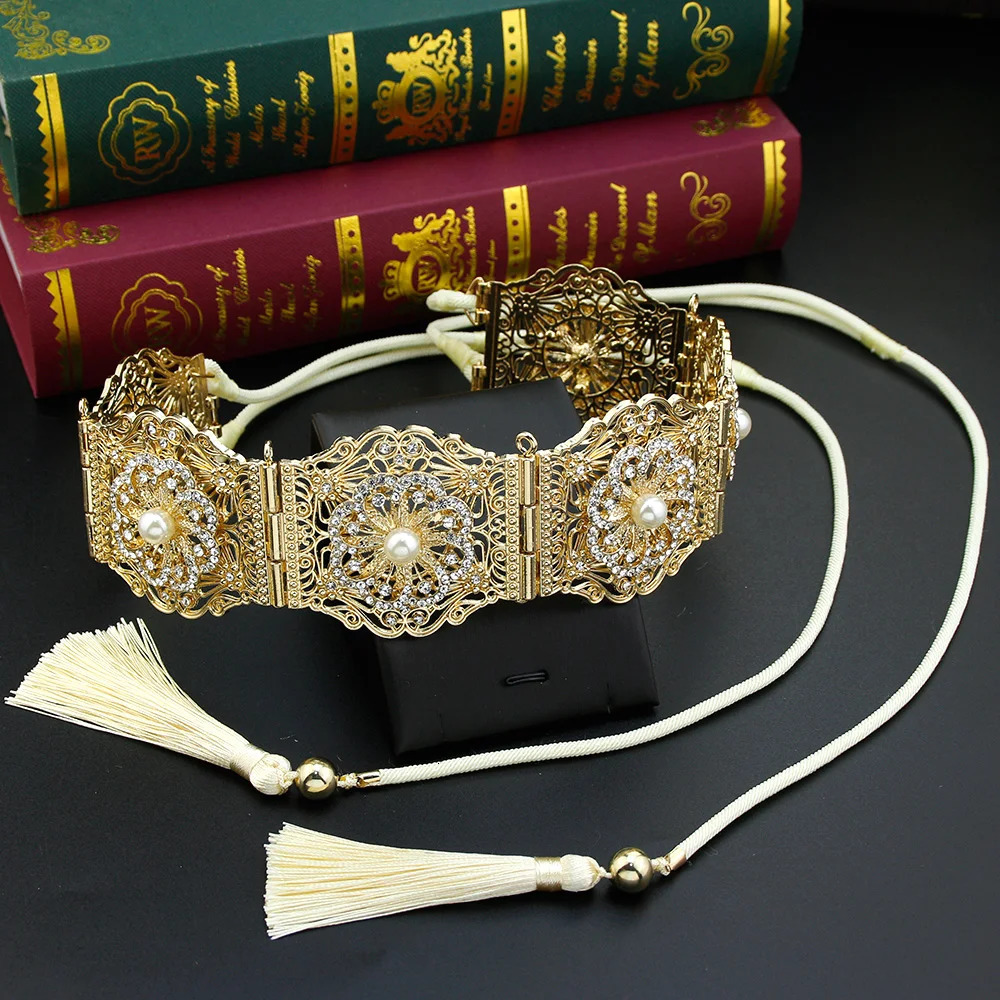 Other Fashion Accessories Neovisson Morocco High Quality Belt Elegent Gold Color Crystal Pearl Hand Rope Waist Chain Caftan Belt Arabic Bride Jewelry 