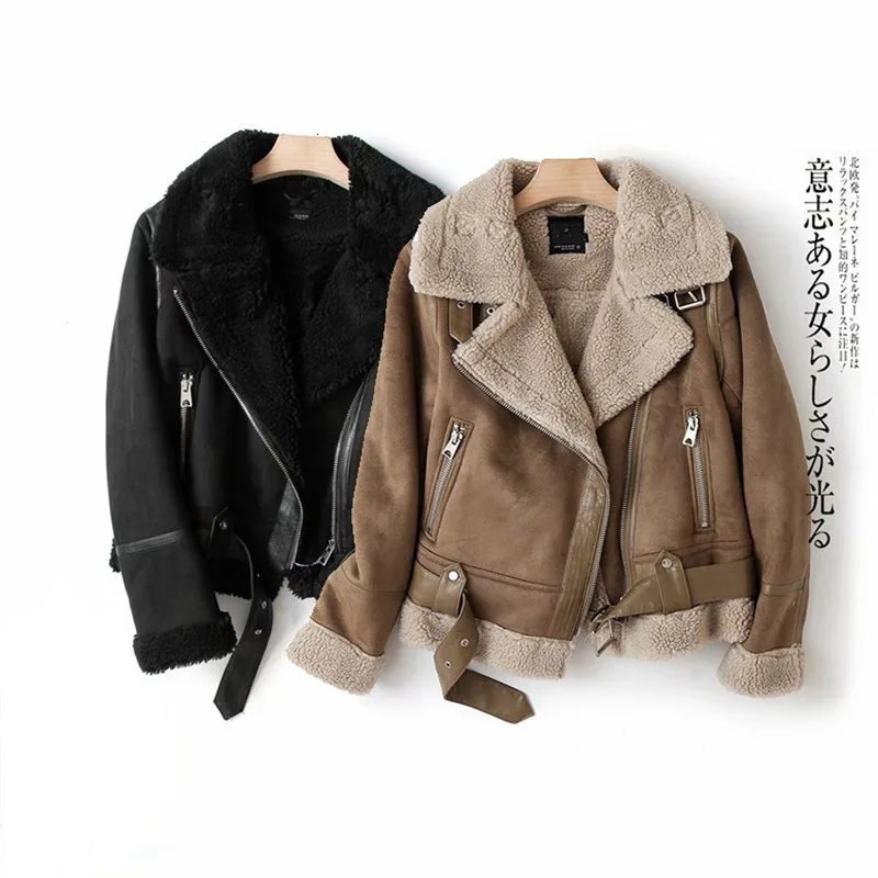 Womens Leather Faux Winter Thick Parka Warm Suede Lamb Fur Jacket Women Shearling Sheepskin Jackets Outwear Short Motorcycle Biker Coat 231018