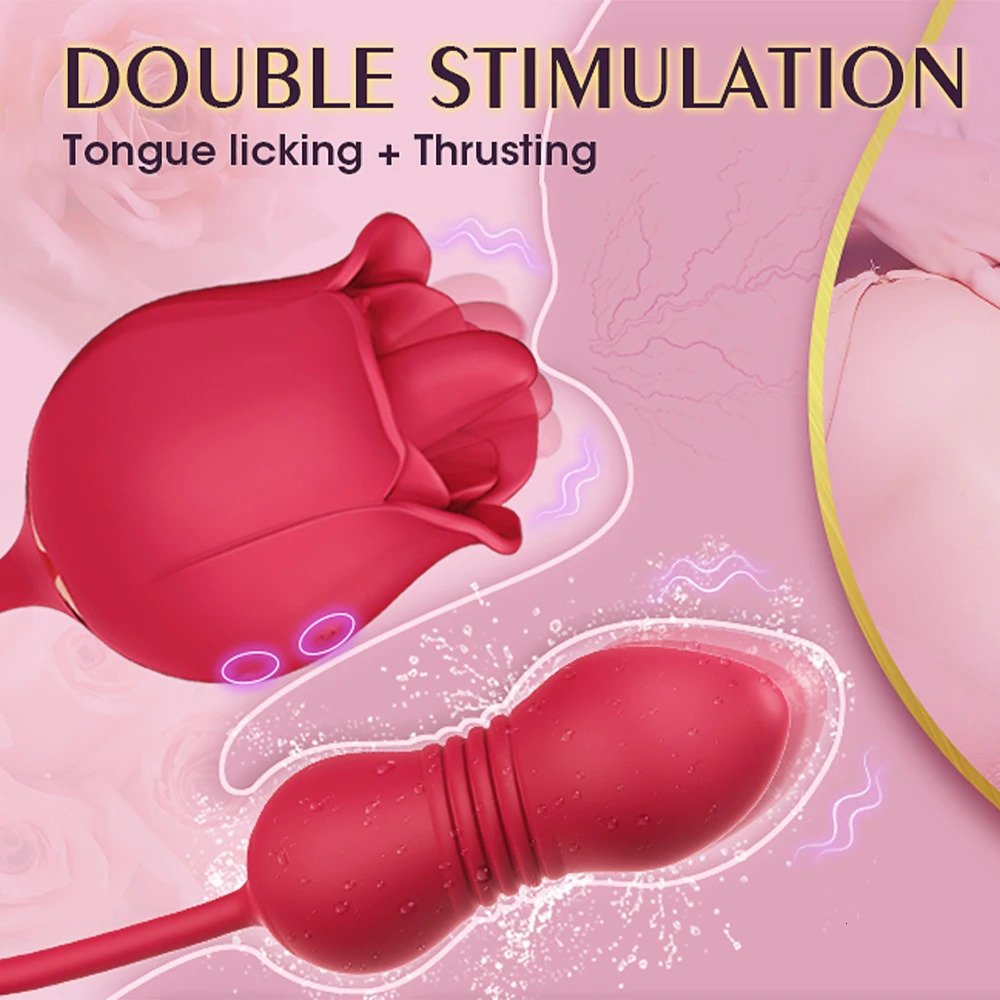Vibrators 3 in 1 Rose Toy Vibrator for Woman Tongue Licking Clitoral Stimulator Thrusting G Spot Dildo Clit Nipple Licker Women Goods 231018