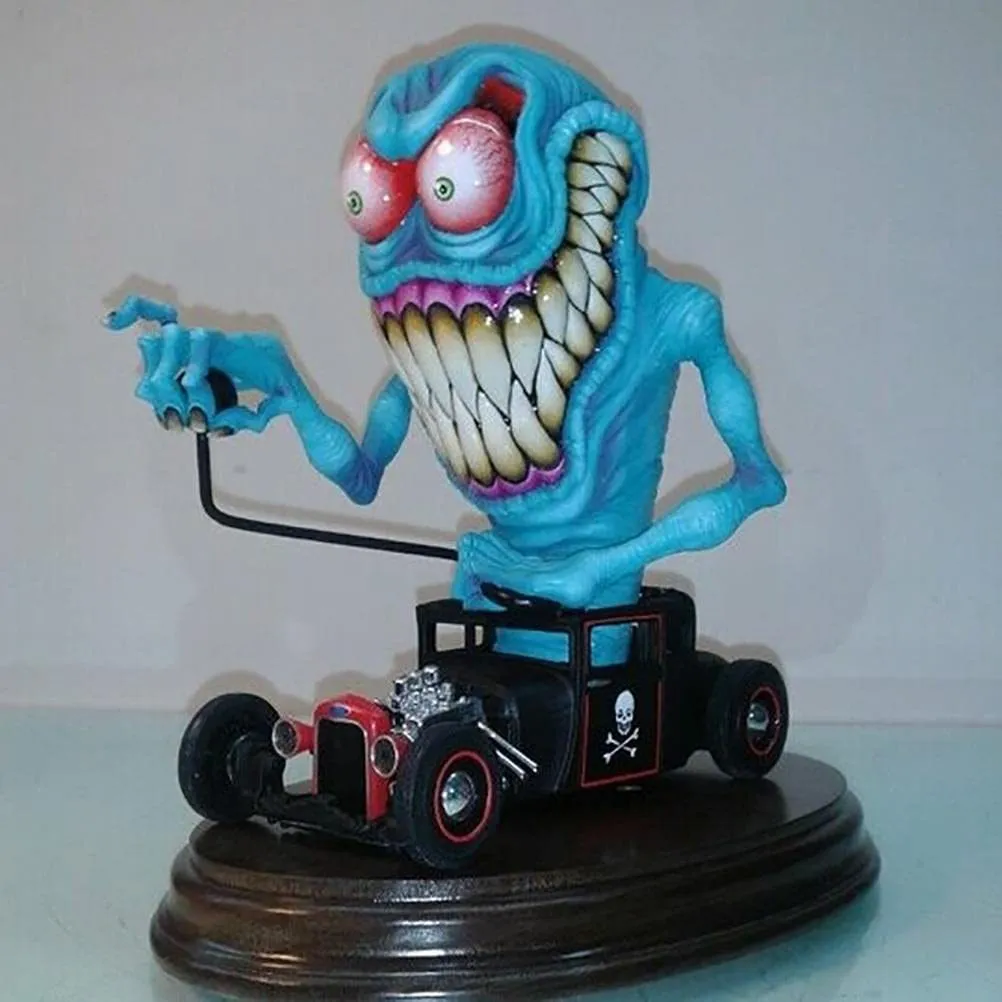 Party Decoration Angry Big Mouth Monster Driving Statue Rat Fink Halloween Figurines Resin Crafts Sculpture Home Decor Ornament LL