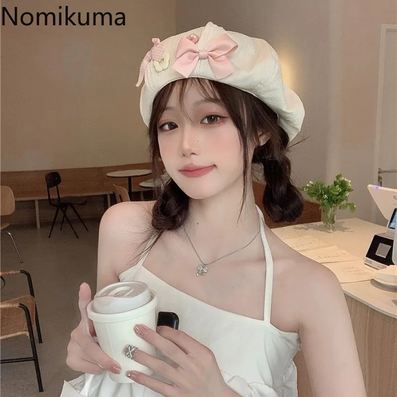 Berets Fashion Pink Girl Beret Japanese Cute Harajuku Y2K Sweet Bow Kawaii Women Hat Lolita Accessories Gorras Para Hombres 7L966 231018
