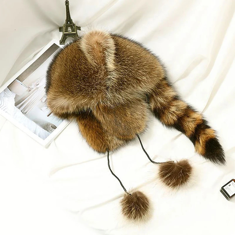 Caps Hats Ladies Raccoon Plush Raccoon Tail Fur Leifeng Hat Animal Tail Velvet Ear Defenders Autumn Winter Soft Adult Kids Cap Winter Hat 231019