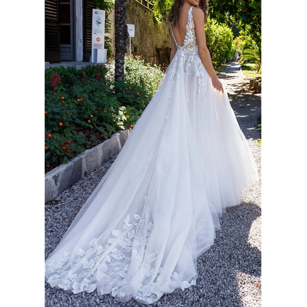 Sexy V Neck Side Split Tulle Wedding Dresses Backless A-Line Lace Appliqued Boho Bride Gowns Vestidos De Novia