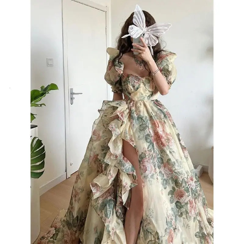 Urban Sexy Dresses 2023 Summer Elegant Evening Party Dress Short Puff Sleeve Khaki Print Organza Women Floor Length Overlength Princess Long 231018