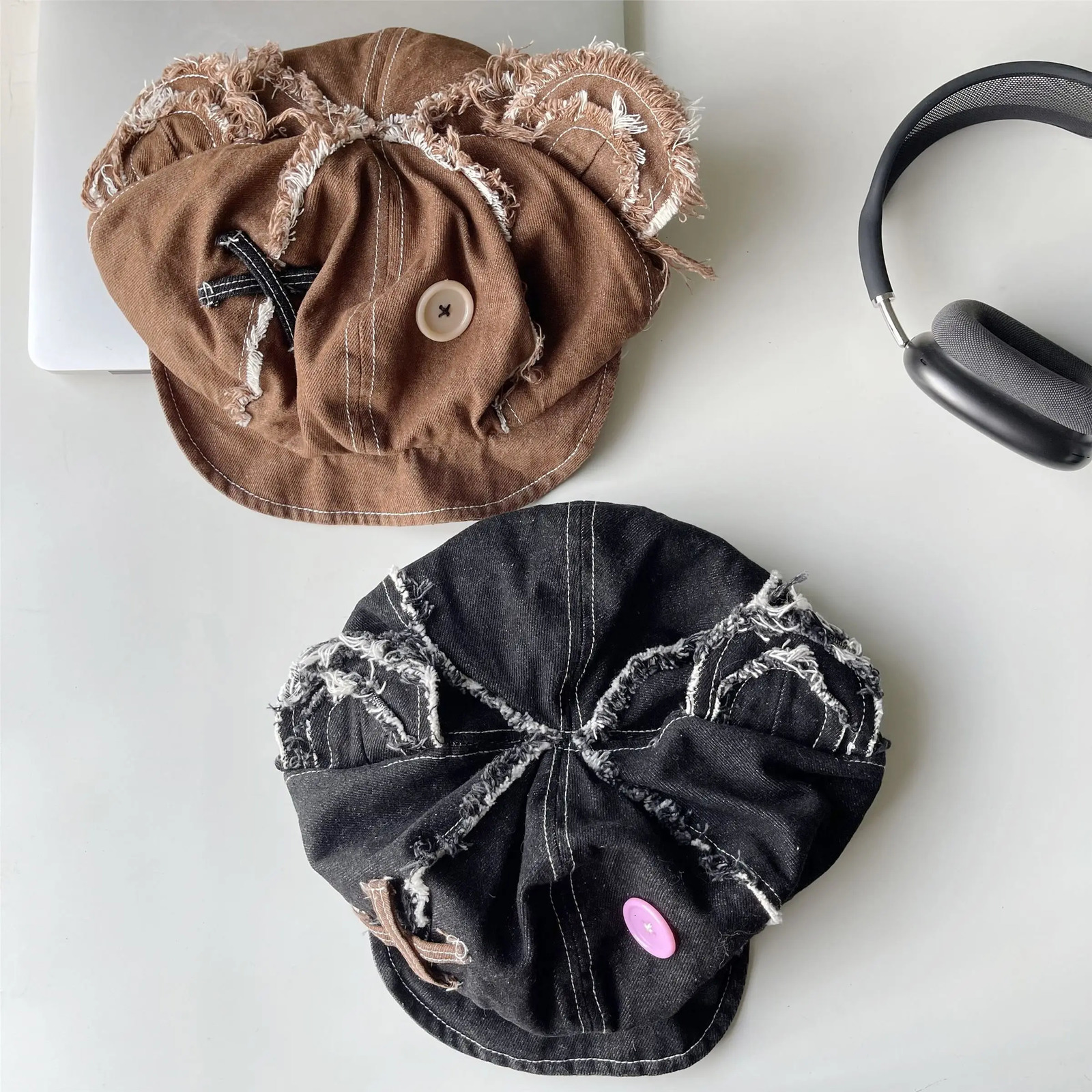 Berets Y2k Japanese Harajuku Cute Bear Ear Hats for Women Girls Vintage Washed Denim Beret Hats Boina Mujer Chic Streetwear Gorras 231018