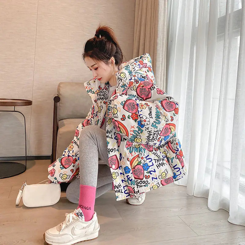 Women's Down Parkas Women Down Jackets Bubble Coats Graffiti White Duck Down 90% Winter Zipper Full Thick Korean Ladylike Girls Down Jackets Swee