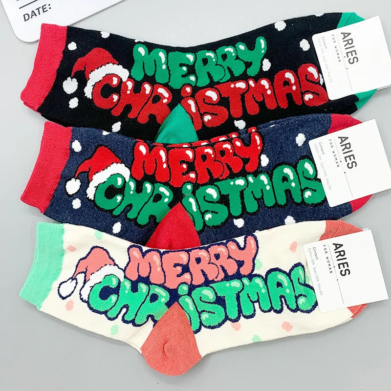 Kids Socks 3Pairs Korean Dongdaemun Autumn Winter Funny Christmas Letter Stockings Cute Korean Mid-tube Socks 231020