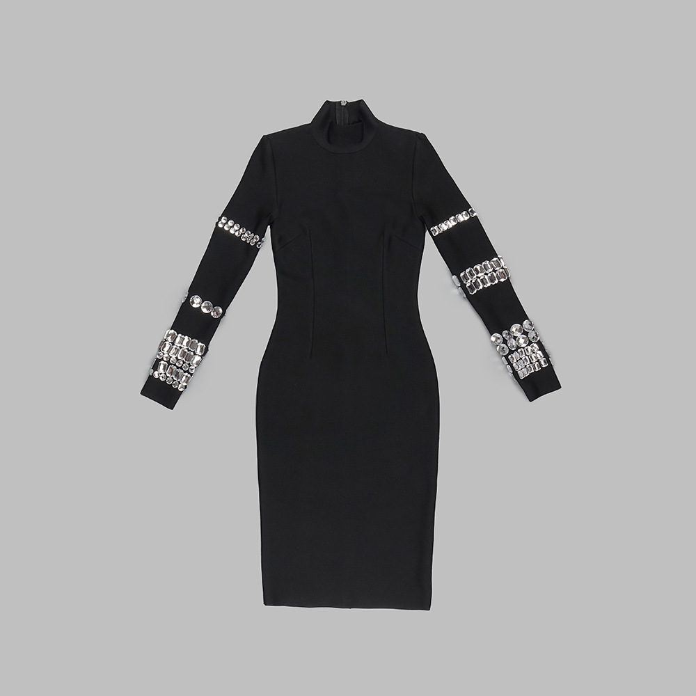 100 2023 Runway Dress Spring Autumn Dress Brand Same Style Empire Crew Neck Long Sleeve Black Womens Dress Fashion M