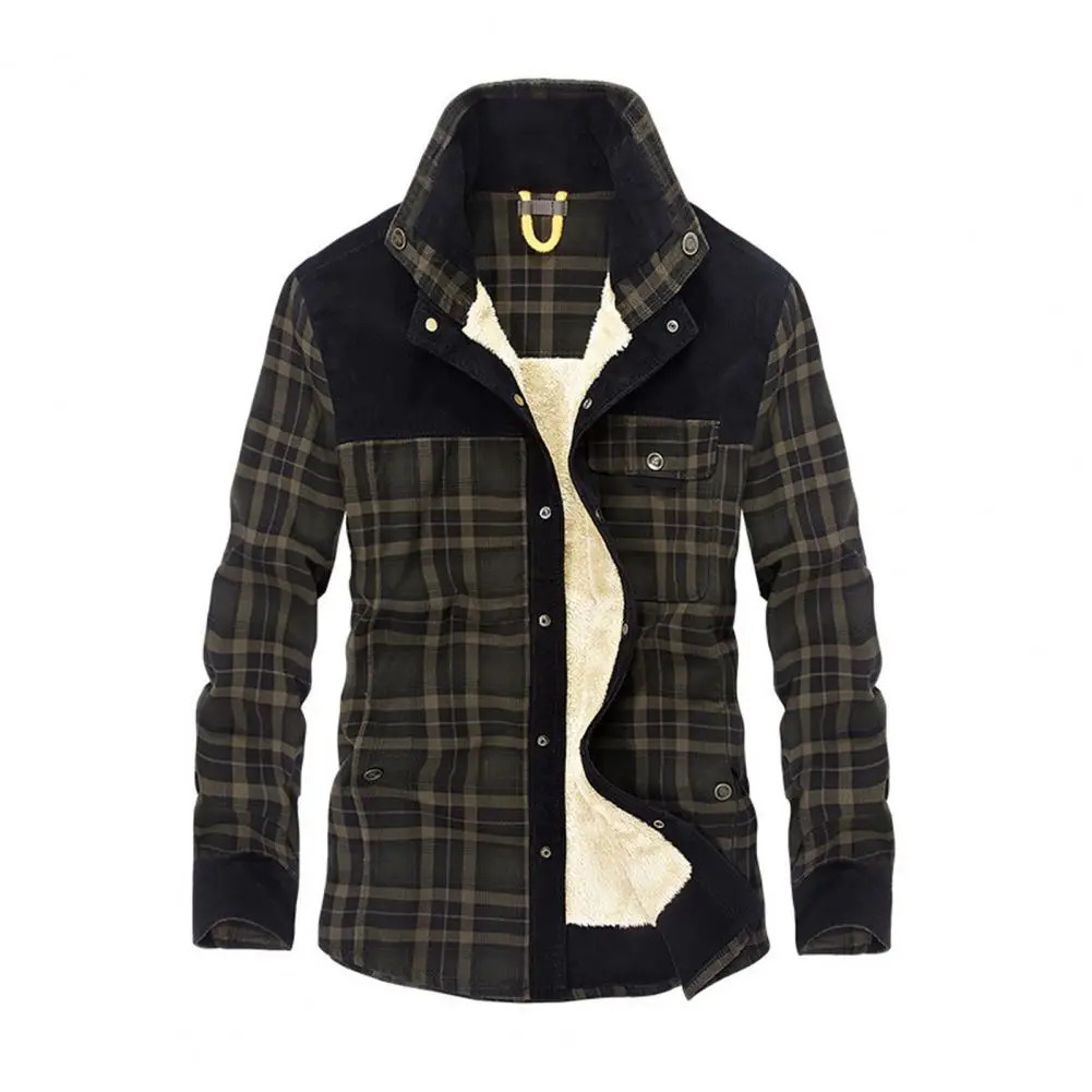 Men's Leather Faux Men Winter Shirts Jackets Hooded Lapel Long Sleeve Plaid Pockets Single Breasted Coat Thickened Fleece Lining Cotton Outerwear