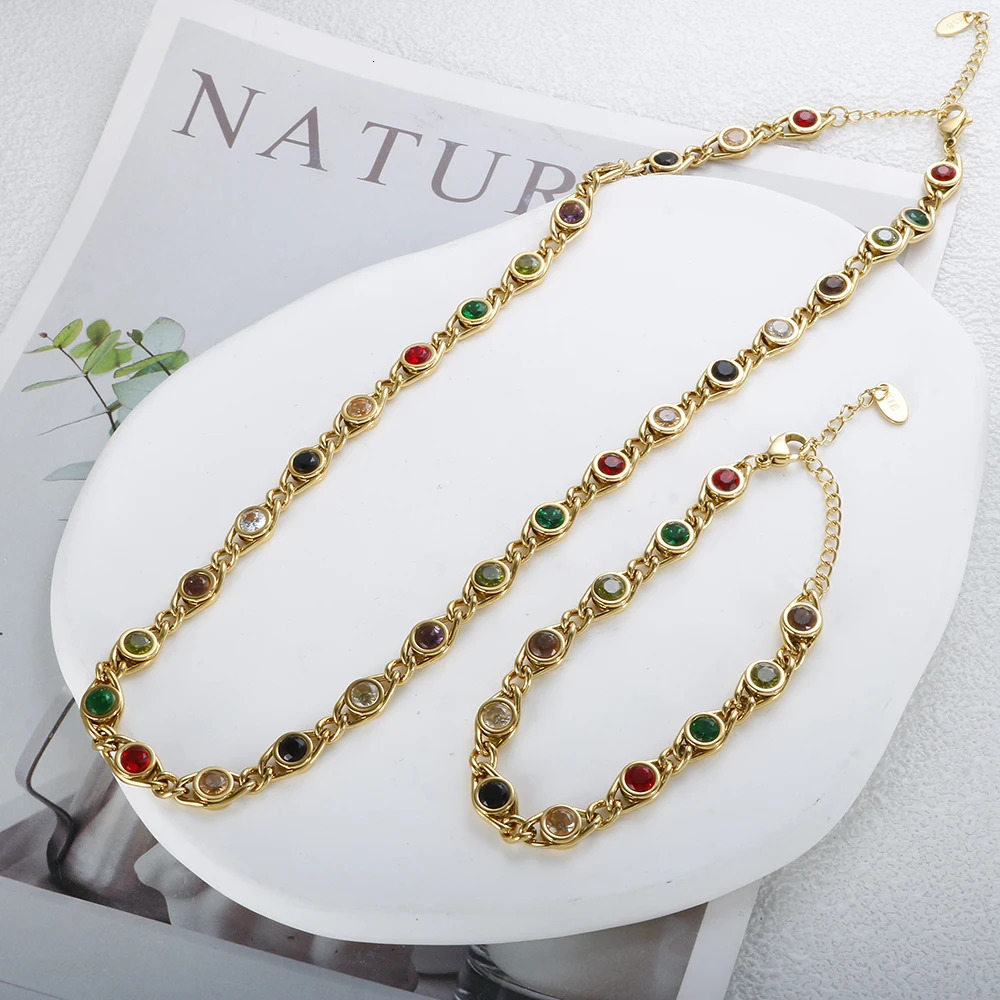 Wedding Jewelry Sets Trend Colorful Cubic Zirconia Panel Bracelet Necklace For Women Gold Color Stainless Steel Crystal Fisheye Jewelry Set 231019