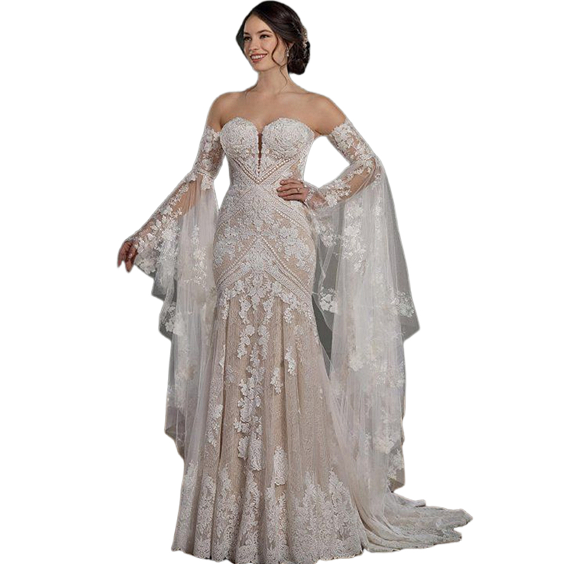 Backless Boho Bohemian Mermaid Wedding Dress With Detachable Bell Long Sleeves Lace Appliques Sweetheart Neck Bridal Gowns Champagne Ing Beach Bride D
