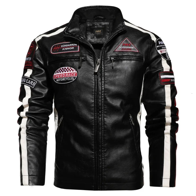 Men's Leather Faux Leather Autumn Men's Motorcycle Leather Jacket Casual Patchwork Vintage Overcoat Biker PU Embroidery Bomber Zipper Fleece