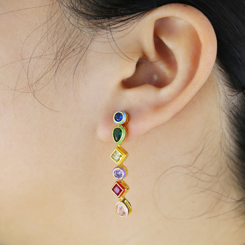 Geometric Zircon Dangle Women - Red Cubic Zirconia Brass & Copper Gold Plated Chandelier Earrings for Valentine's Day