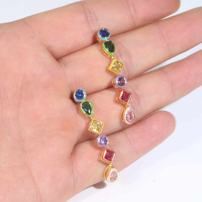 Geometric Zircon Dangle Women - Red Cubic Zirconia Brass & Copper Gold Plated Chandelier Earrings for Valentine's Day