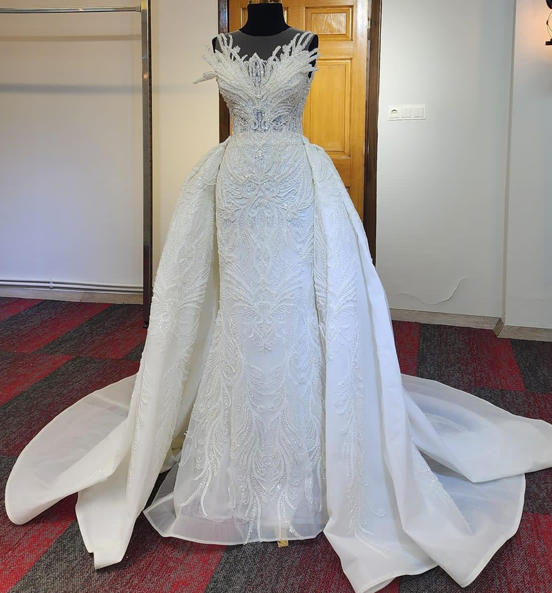 2023 Oct Arabic Aso Ebi Plus Size Sequined Lace Mermaid Wedding Dress Detachable Train Bridal Gowns Dresses ZJ610