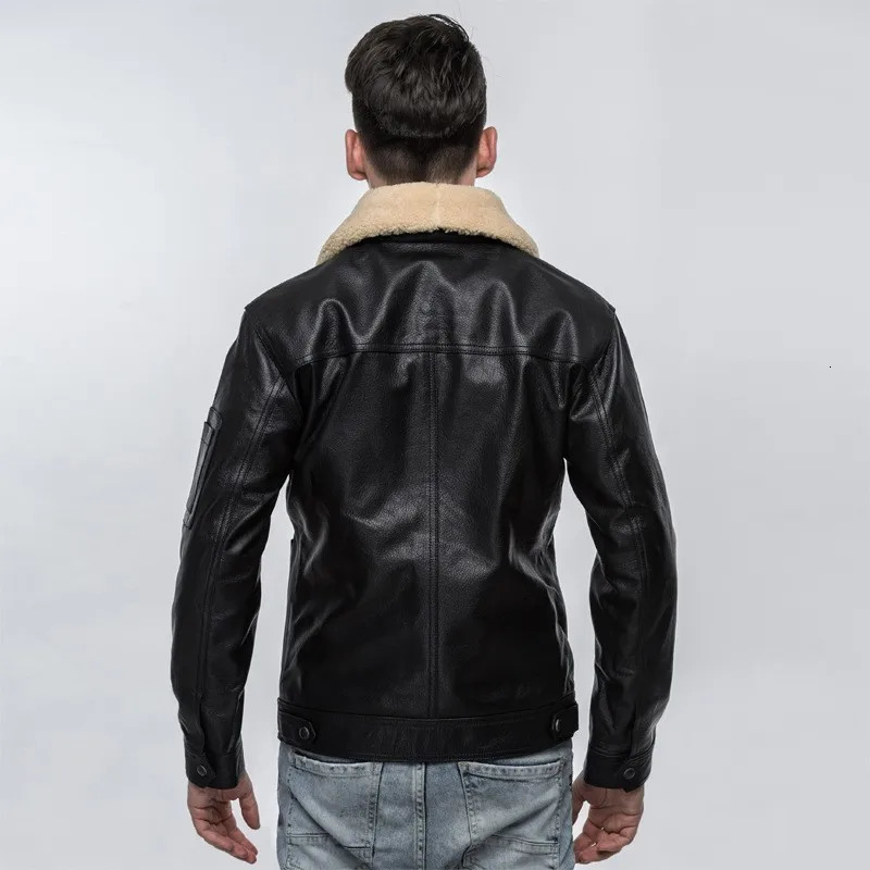 Men's Leather Faux Leather Top Quality Mens Air Force Pilot Sheepskin Genuine Leather Jacket Slim Fit Sheep Fur Collar Padded Coat Chaqueta Motor