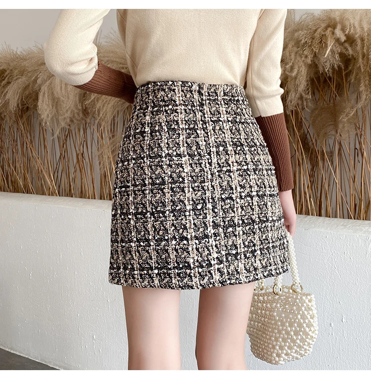 Skirts Fall Winter Plaid Tweed Skirt Womens Thick Woolen Pearl Button Front Pocket Glitter Mini Saia Feminina 231019