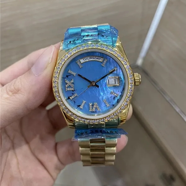 High quality Men woman watch 36mm gold color diamonds bezel stainless steel band Male Fashion Wristwatch 153