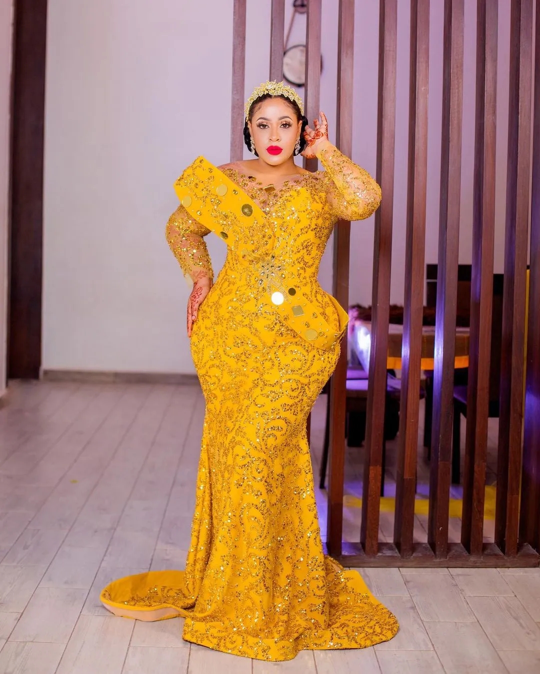 Arabic Aso Ebi Mermaid Yellow Prom Dresses 2024 Beaded Crystals Evening Formal Party Second Reception Birthday Engagement Gowns Dress 0514