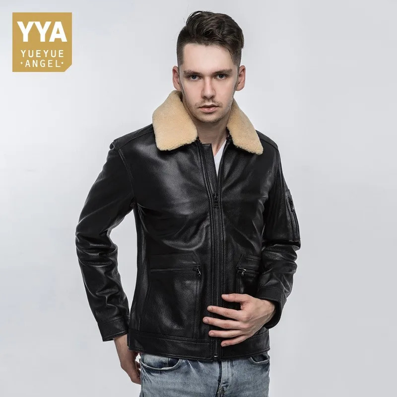 Men's Leather Faux Leather Top Quality Mens Air Force Pilot Sheepskin Genuine Leather Jacket Slim Fit Sheep Fur Collar Padded Coat Chaqueta Motor