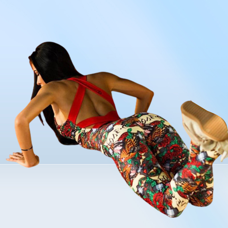 CrazyFit One Piece Sexy Sport Suit Women Padded Floral Print Yoga Workout Clothes Running Set Jogging Gym Clothing Jumpsuit
