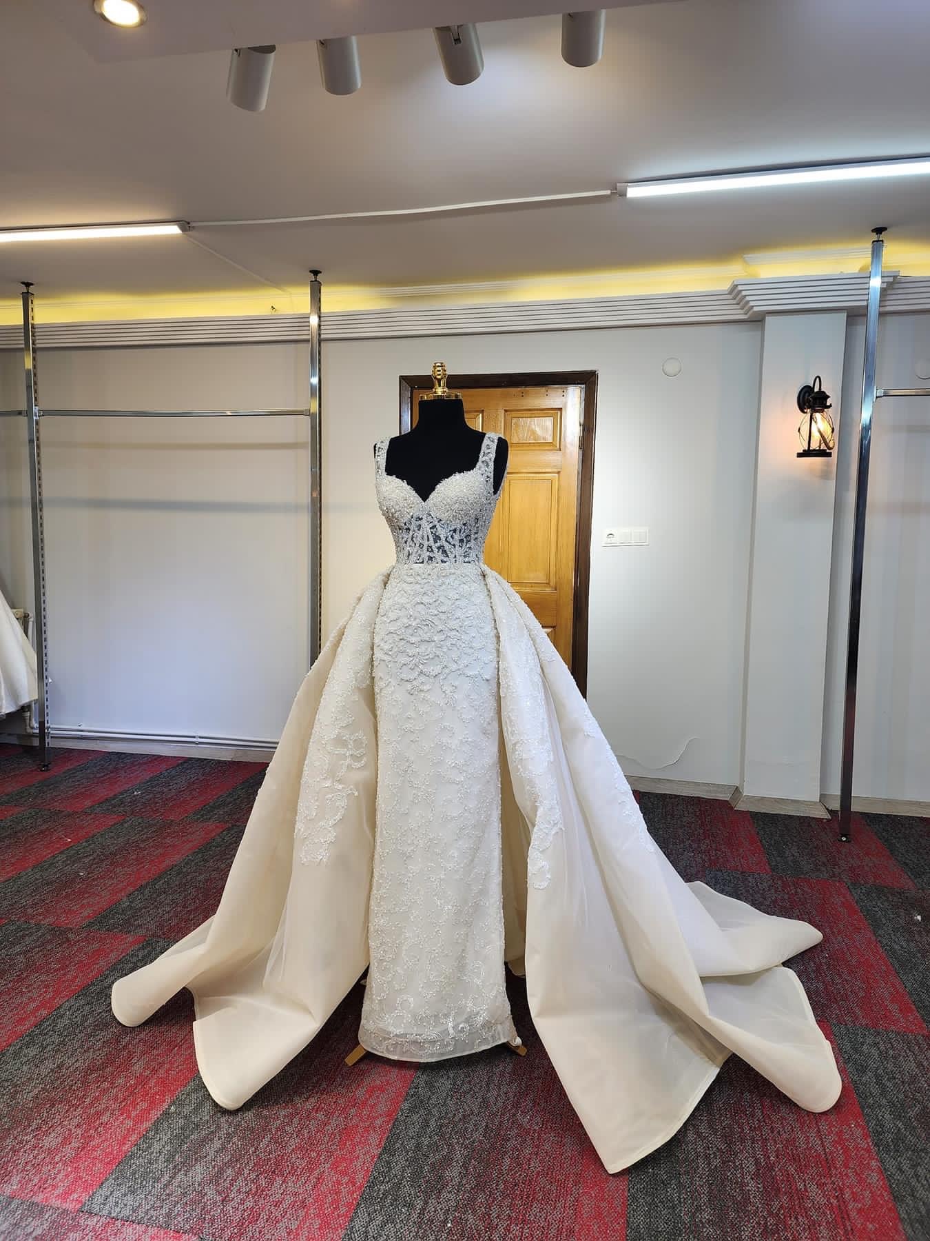 2023 Oct Arabic Aso Ebi Plus Size Beaded Lace Wedding Dress Sheath Detachable Train Bridal Gowns Dresses ZJ609