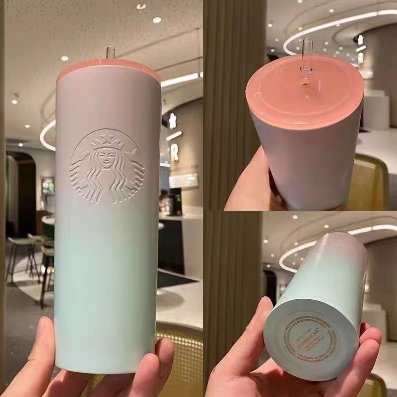 New High Appearance Stainless Steel Gradient Straw Cup vacuum cup with Large Capacity 710ml Couple Gift Water Cup Office Desktop Cup Car Cup