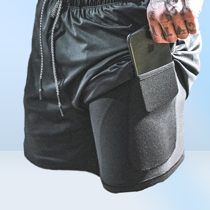2 in1 Running Mens GYM Sports Shorts Builtin Phone Pocket Liner Workout Pants GYM Training Bodybuilding Running Pocket Casual Pan1622928