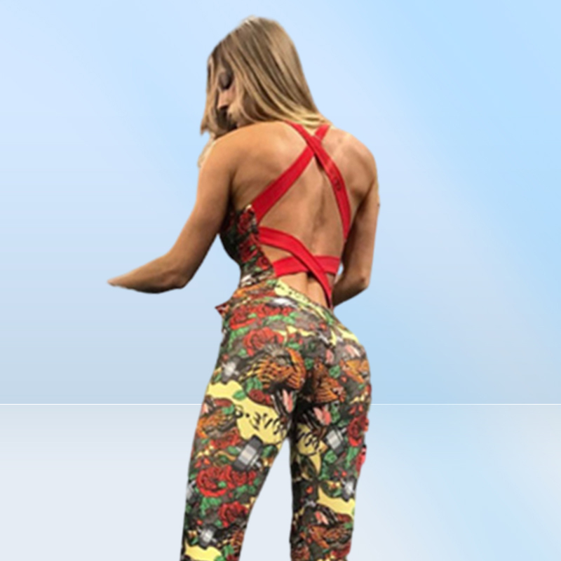 CrazyFit One Piece Sexy Sport Suit Women Padded Floral Print Yoga Workout Clothes Running Set Jogging Gym Clothing Jumpsuit