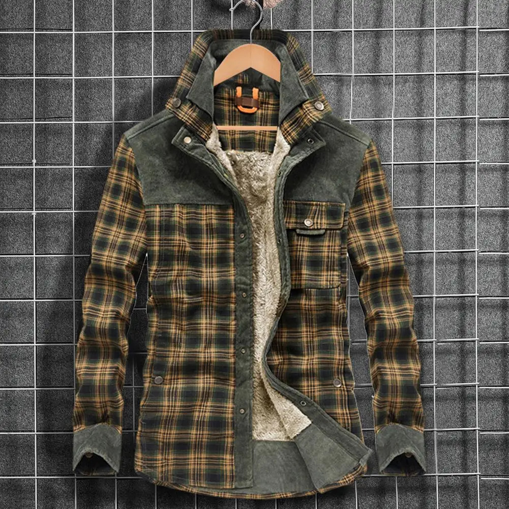 Men's Leather Faux Men Winter Shirts Jackets Hooded Lapel Long Sleeve Plaid Pockets Single Breasted Coat Thickened Fleece Lining Cotton Outerwear
