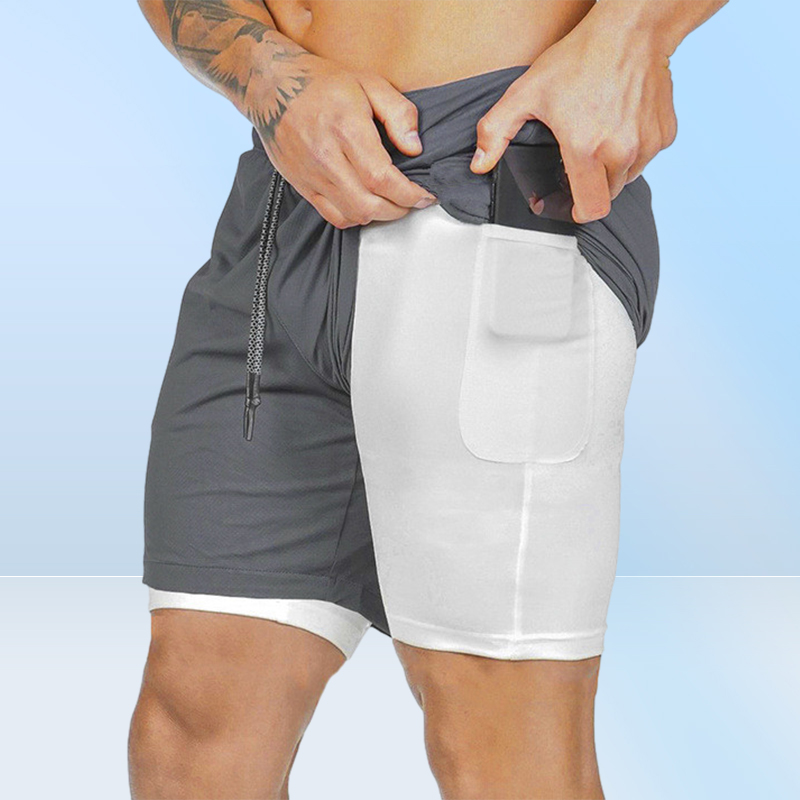 2 in1 Running Mens GYM Sports Shorts Builtin Phone Pocket Liner Workout Pants GYM Training Bodybuilding Running Pocket Casual Pan1622928