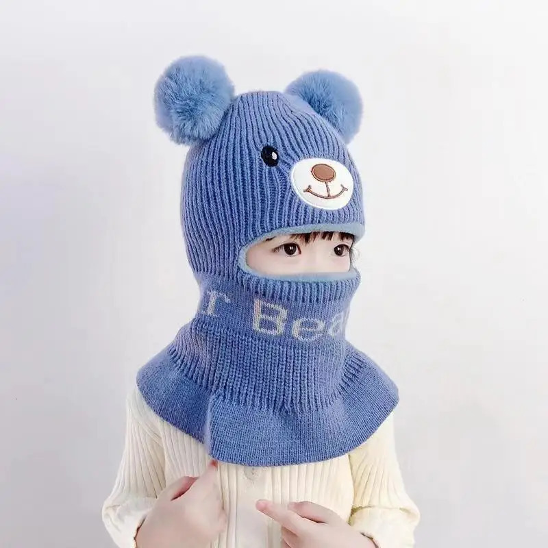 Caps Hats Kids Bear Winter Double Layer Balaclava Hat PomPom Knit Beanie for Baby Boy Hat Scarf Snood Caps for Girls 231020