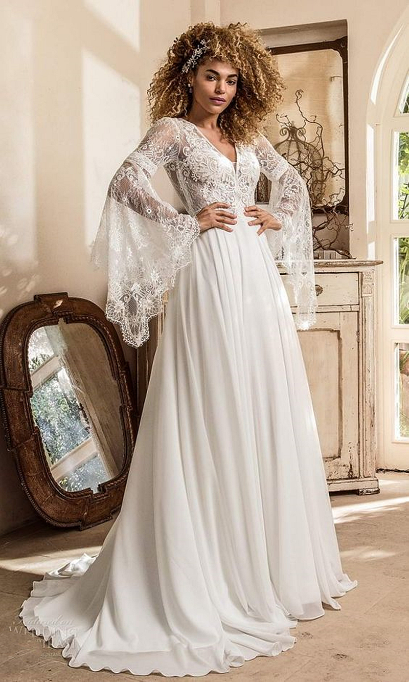 Bohemian Chiffon Wedding Dress Flare Long Sleeves A-Line Beach Bridal Gowns Lace Top Country Style White Bride Dresses 2024 Summer