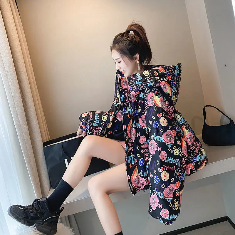 Women's Down Parkas Women Down Jackets Bubble Coats Graffiti White Duck Down 90% Winter Zipper Full Thick Korean Ladylike Girls Down Jackets Swee